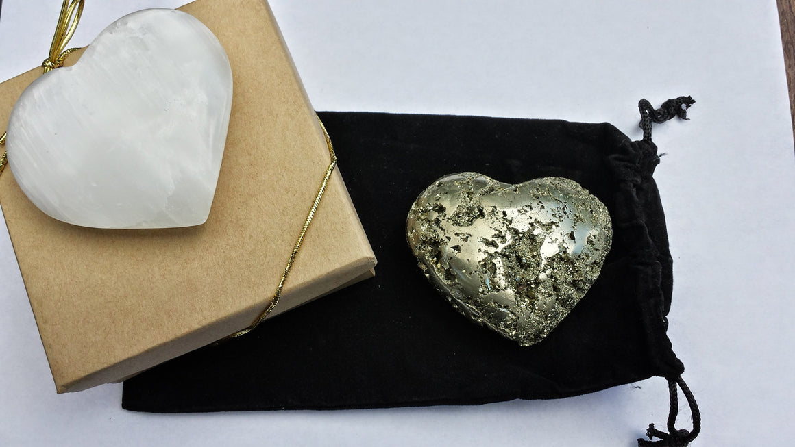 Crystal Heart Pair - 1 Selenite 1 Pyrite - 2 3/4" Each - Gift Packaged - from Gold, Clear - dinosaursrocksuperstore