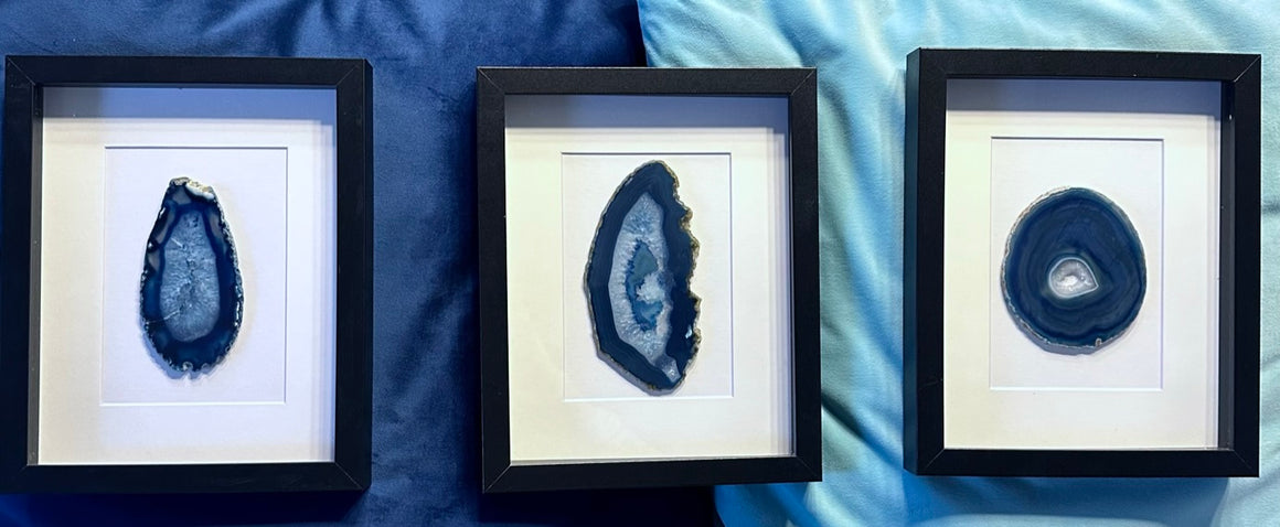 Blue-Dyed Sliced Agate Art in Ebony Wood Shadow Box - 8" x 10" - each is unique!