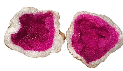 Fuchsia Pink Split Geode - Dyed-Quartz Crystals - 2 Matching Puzzle Pieces - 7" Wide - Amazing Rock & Mineral Gift - dinosaursrocksuperstore