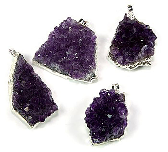 Silver Plated Amethyst Cluster Pendant with Silver Trim - Gift Boxed! - dinosaursrocksuperstore