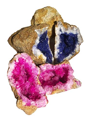 Geode Gift Collection - Set of 3 - Pink and Blue Dyed Split and 1 Crack-Your Own Natural - with Gift Box - dinosaursrocksuperstore