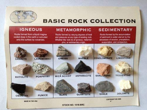 Rock Collection and ID Chart - 18 Rocks - Igneous, Metamorphic, Sedimentary - dinosaursrocksuperstore