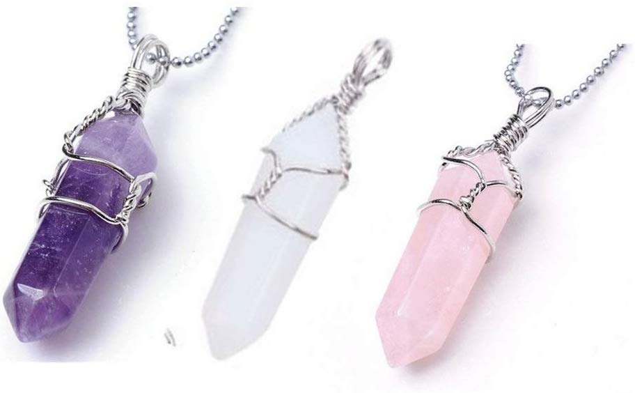 3 Double Terminated Wire Wrapped Pendant One Each of Amethyst, Quartz and Rose Quartz Pendants - dinosaursrocksuperstore