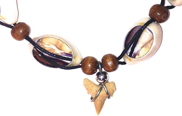 Fossil Shark Tooth Necklace with White Shells and Brown Beads - 18" - dinosaursrocksuperstore