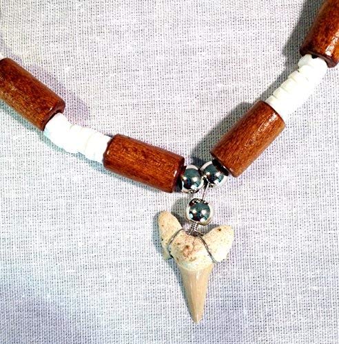 Fossil Shark Tooth Necklace with White Cords and Brown Beads - 18" - dinosaursrocksuperstore