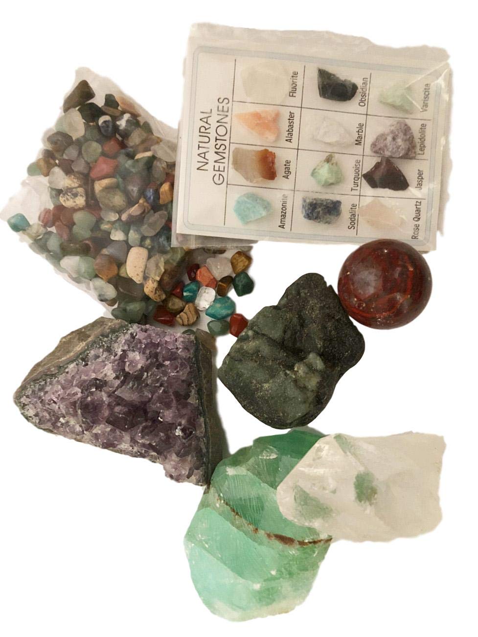 Rock & Mineral Gift Collection - Real Emerald, Amethyst, Calcite, Quartz, Jasper and Polished agates with Bonus Mineral ID Chart - 100+ Pieces with Gift Box - dinosaursrocksuperstore
