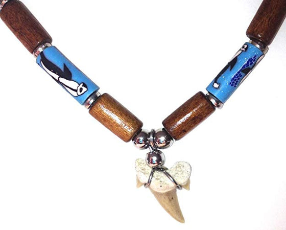 Fossil Shark Tooth Necklace Blue Dolphin and Brown Beads - Adjustable 18" - 21" Length - dinosaursrocksuperstore