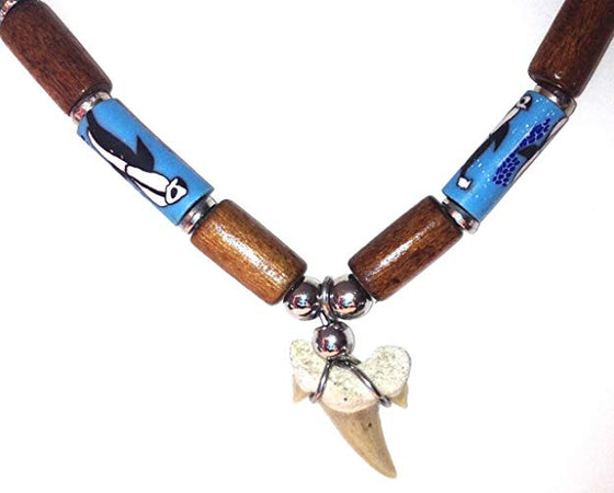 Fossil Shark Tooth Necklace Blue Dolphin and Brown Beads - Adjustable 18" - 21" Length - dinosaursrocksuperstore