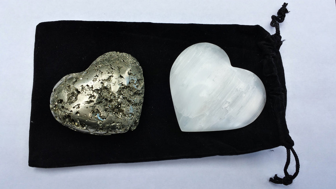 Crystal Heart Pair - 1 Selenite 1 Pyrite - 2 3/4" Each - Gift Packaged - from Gold, Clear - dinosaursrocksuperstore