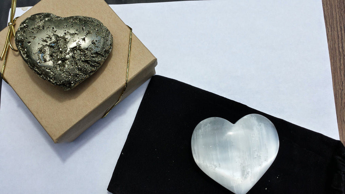 Crystal Heart Pair - 1 Selenite 1 Pyrite - 2 3/4" Each - Gift Packaged - from Gold, Clear - dinosaursrocksuperstore