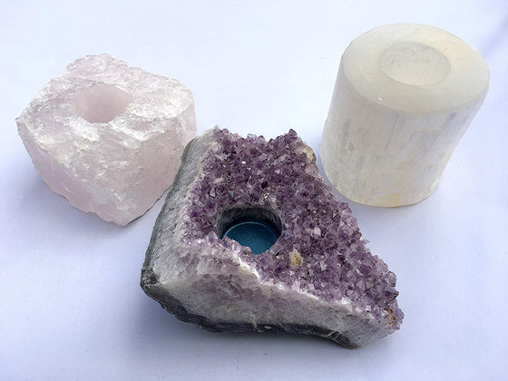 Set of 3 Mineral Candle Holders - Amethyst, Selenite and Rose Quartz - dinosaursrocksuperstore