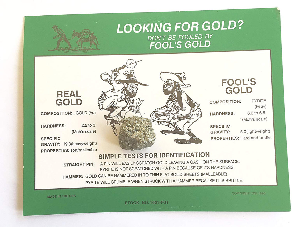 Fool's Gold vs. Real Gold ID Card with Real Pyrite (Fool's Gold) - Science Fair Resource, Great Gift - dinosaursrocksuperstore