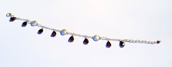 Sterling Charm Bracelet with Garnet Teardrop Stones - dinosaursrocksuperstore