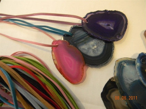 Drilled Agate Pendants - set of 3 - with faux suede cords - dinosaursrocksuperstore