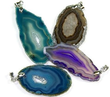 Agate Pendants - set of 4 assorted colors-  with silver plate bail and trim - dinosaursrocksuperstore