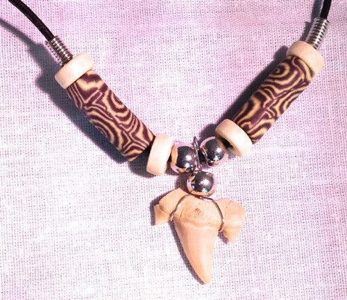 Shark tooth necklace - with "tribal" beads - dinosaursrocksuperstore