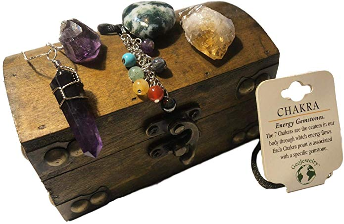 7 Mineral Pendant Gift Collection in Treasure Chest - Plus Bonus Cord & Chain - dinosaursrocksuperstore