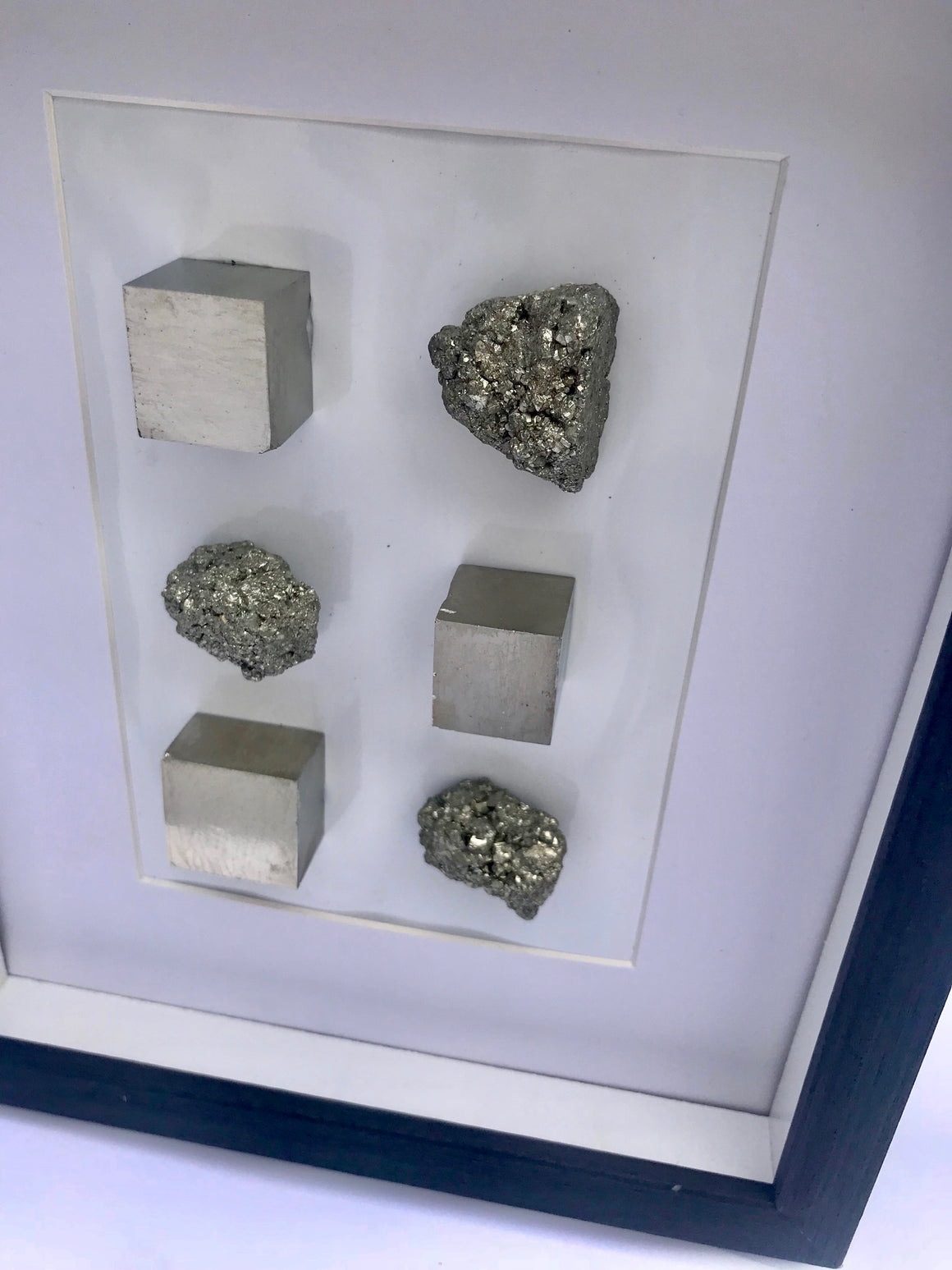 Spanish Pyrite Cube and Crystal Framed Art in Shadow Box - 8" x 11" - dinosaursrocksuperstore
